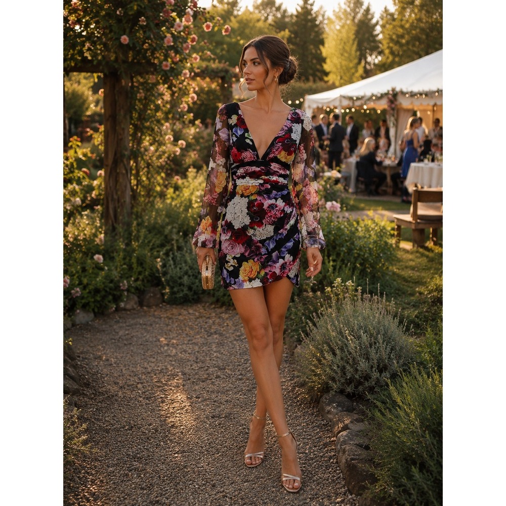 Ieena for Mac Duggal Floral Illusion Puff Sleeve V Neck Mini Dress 2